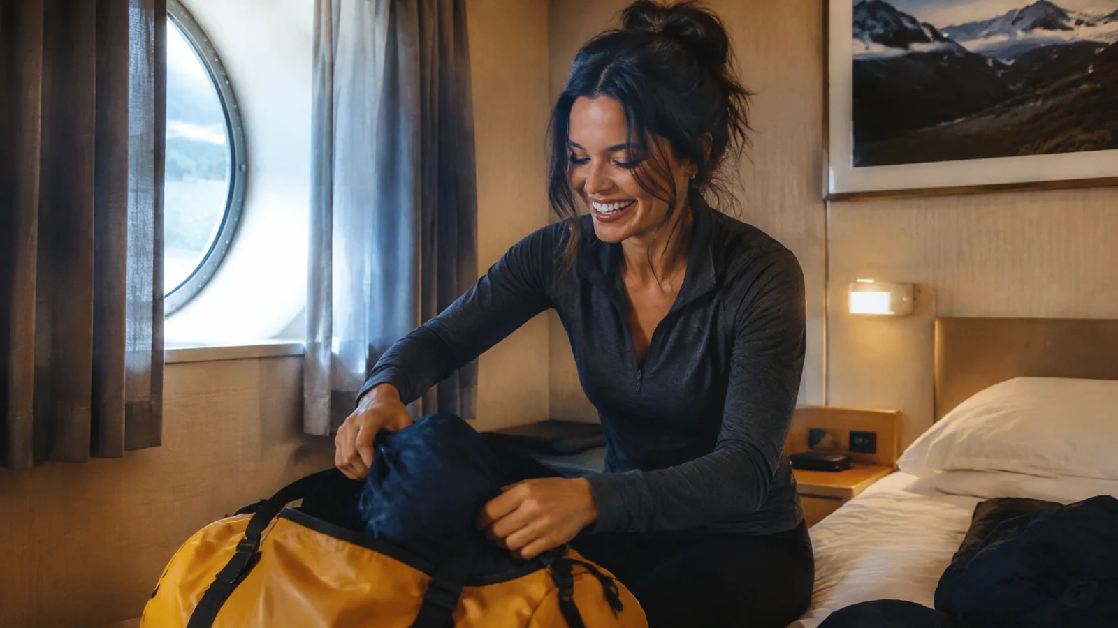 Woman packing clothing into a yellow duffel bag in a ship's cabin