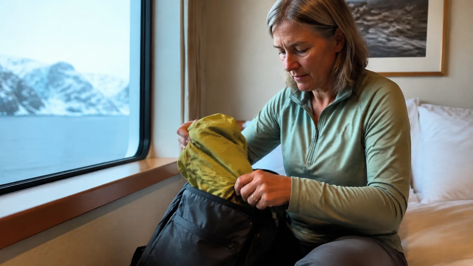 Woman packs a yellow garment into a backpack beside a cabin window.