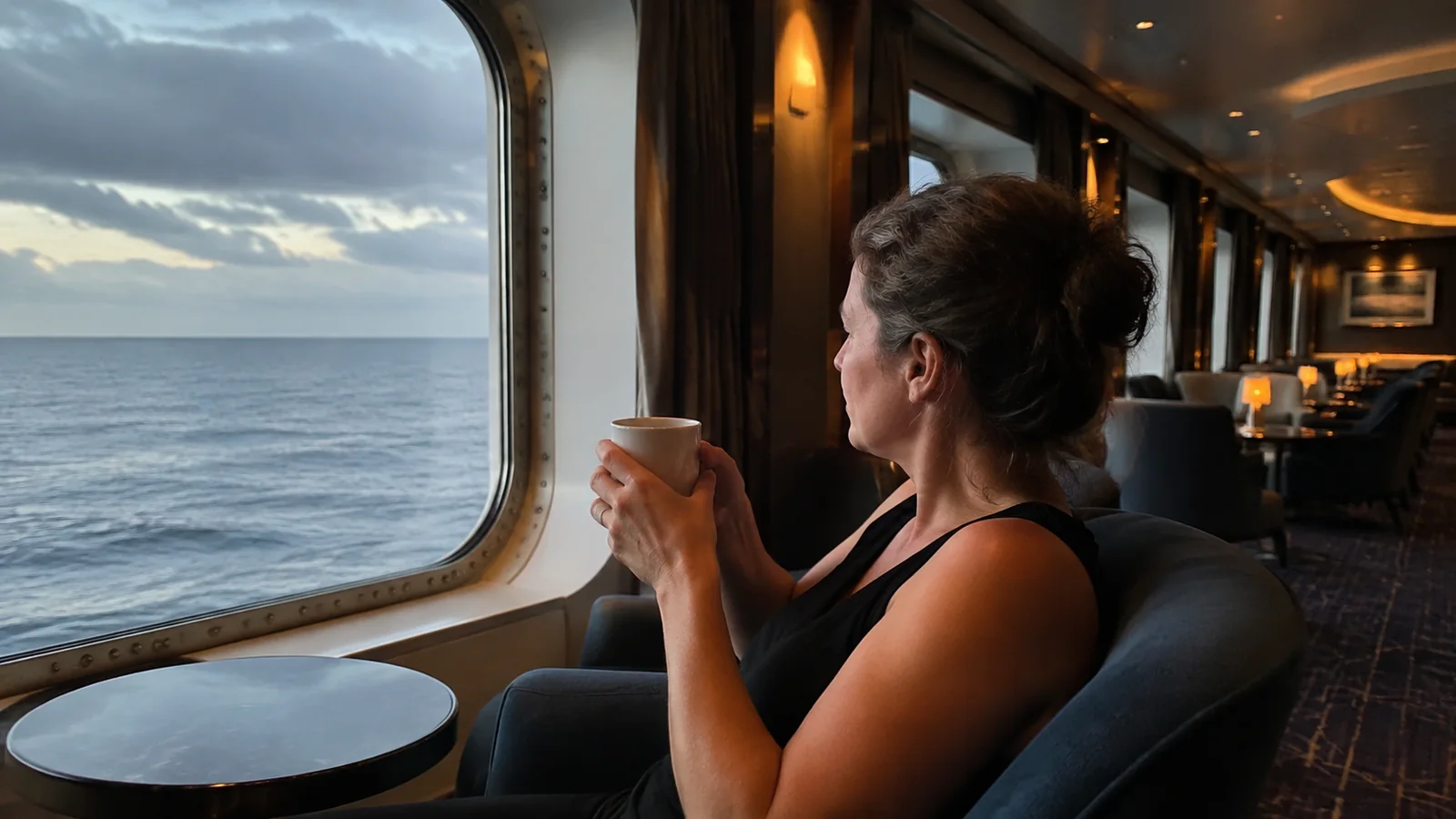 Woman holds a mug while looking through a ship window.
