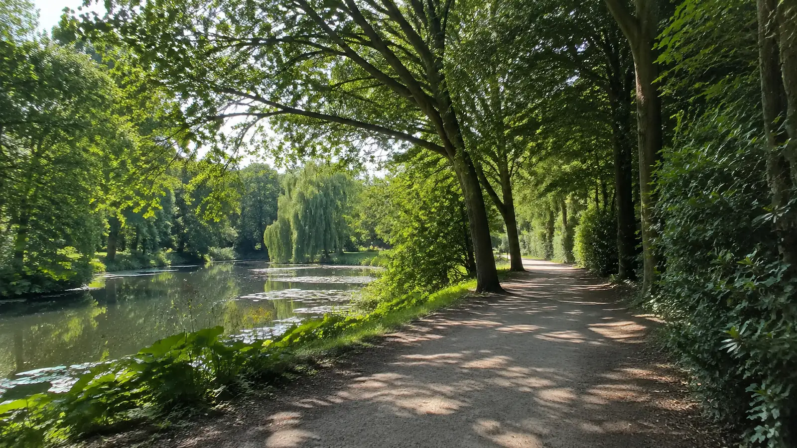 Shaded park path follows a calm pond beneath leafy trees.