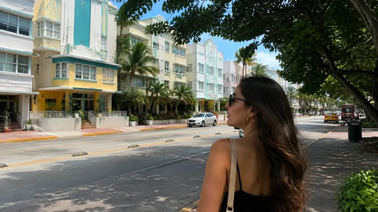 Woman looks across a street lined with pastel buildings and palm trees.
