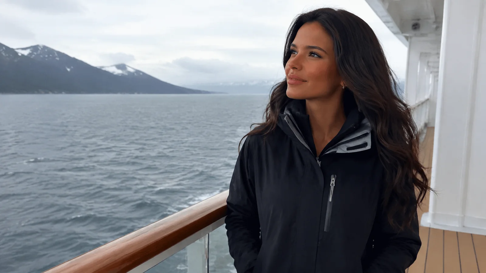 Woman standing on a ship deck beside a mountainous coastline.