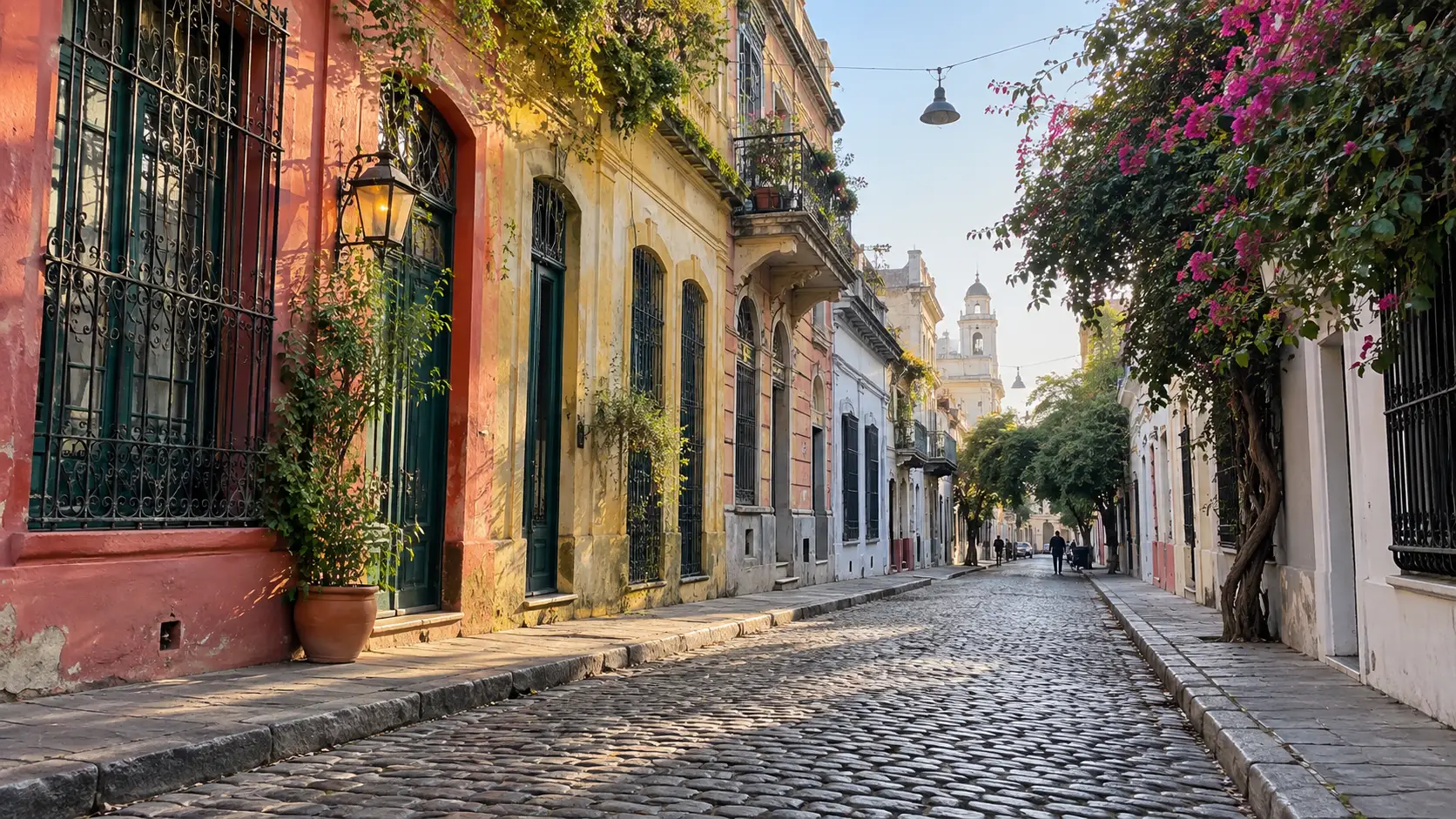 Colorful historic buildings and cobbled street in Buenos Aires, Argentina