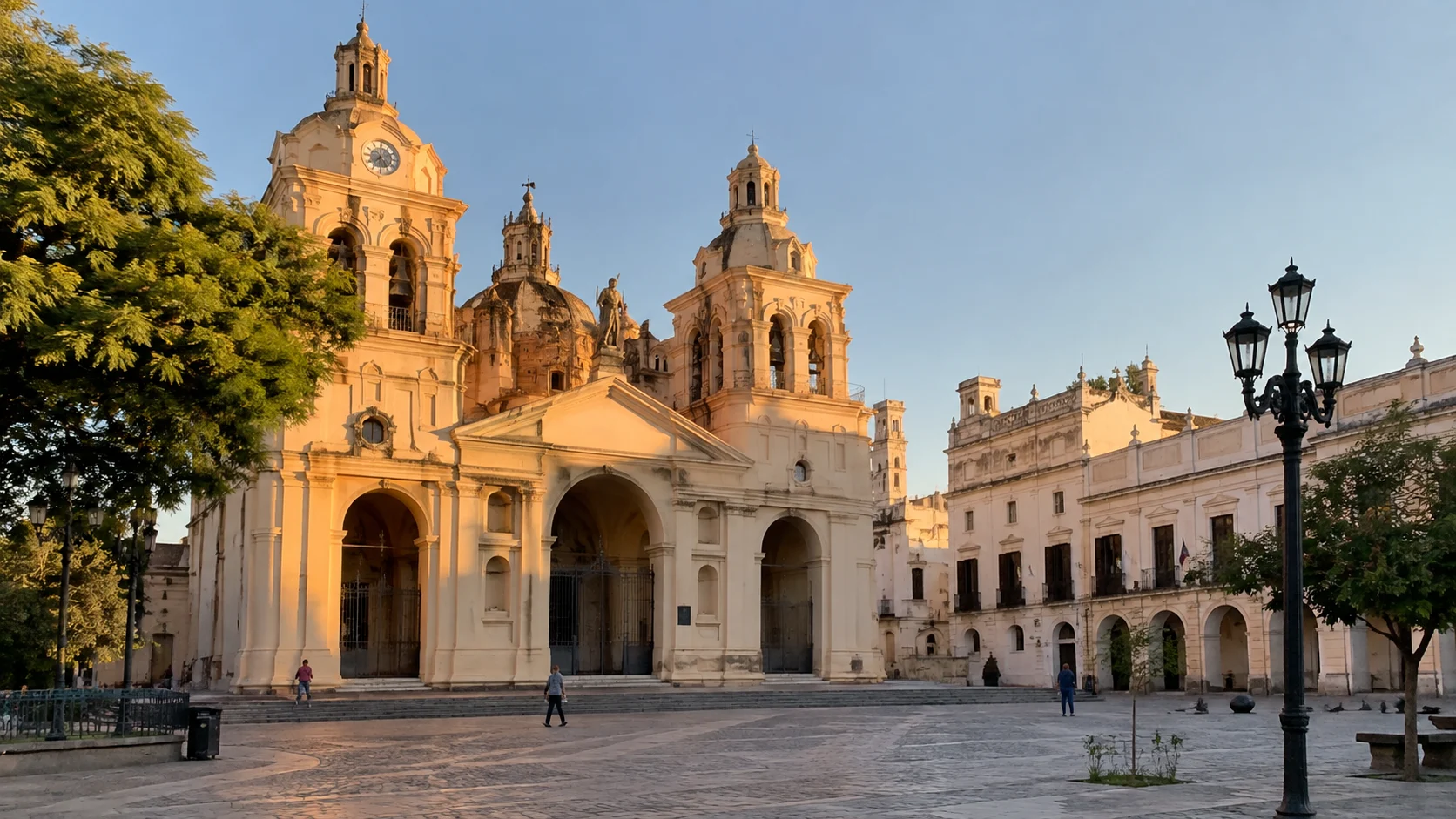 Colonial cathedral and lively central plaza in Córdoba, Argentina