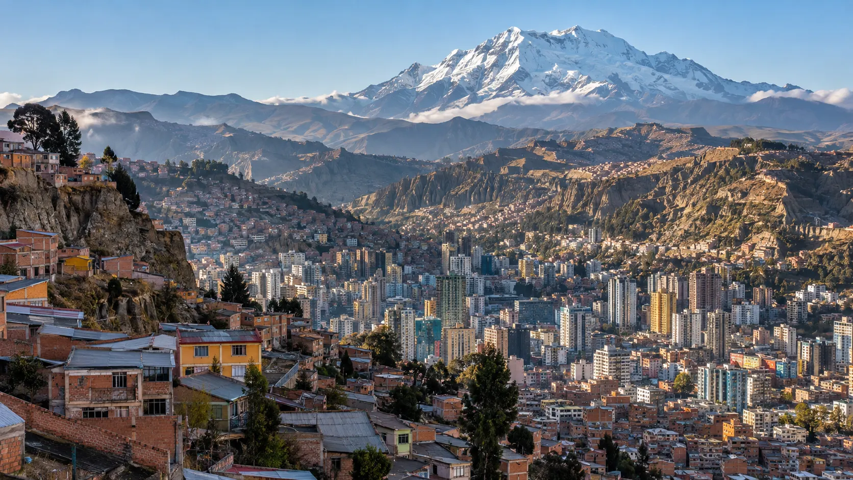 La Paz cityscape beneath Mount Illimani in Bolivia