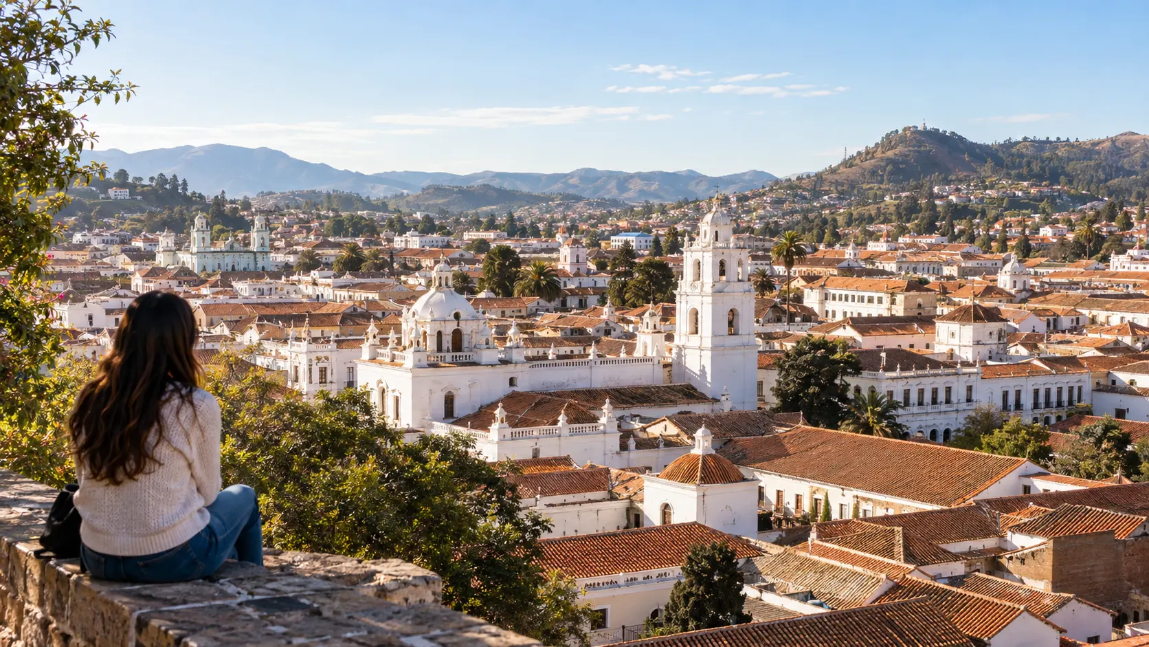 White colonial buildings and tiled roofs in Sucre, Bolivia