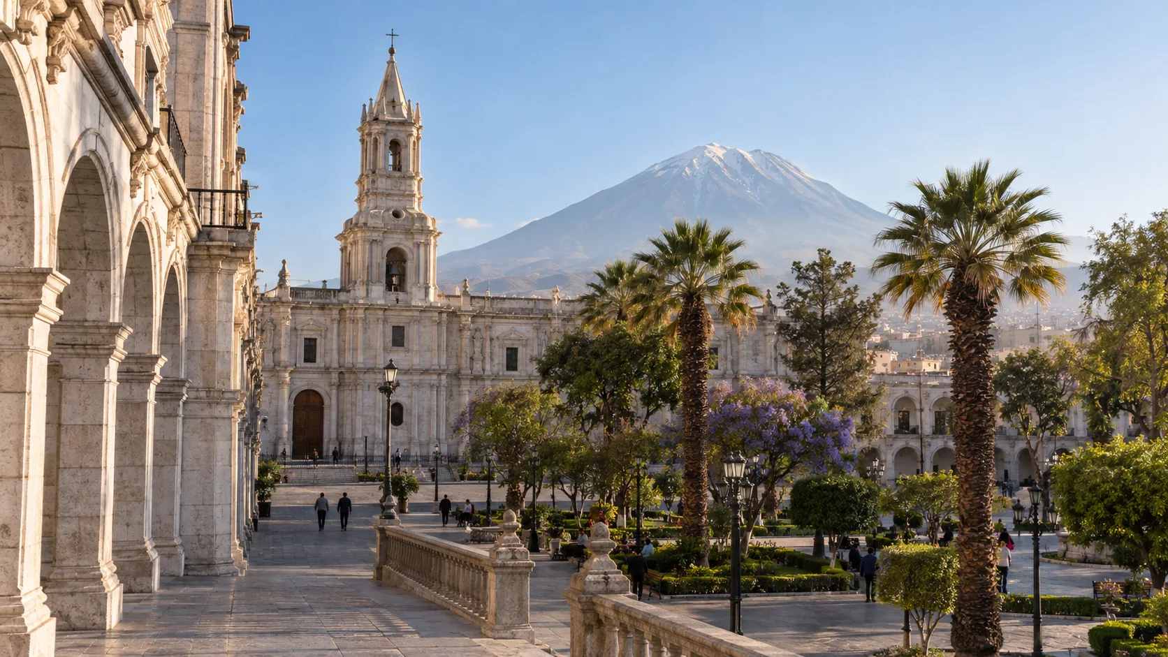 Arequipa's white stone historic center with El Misti volcano in Peru