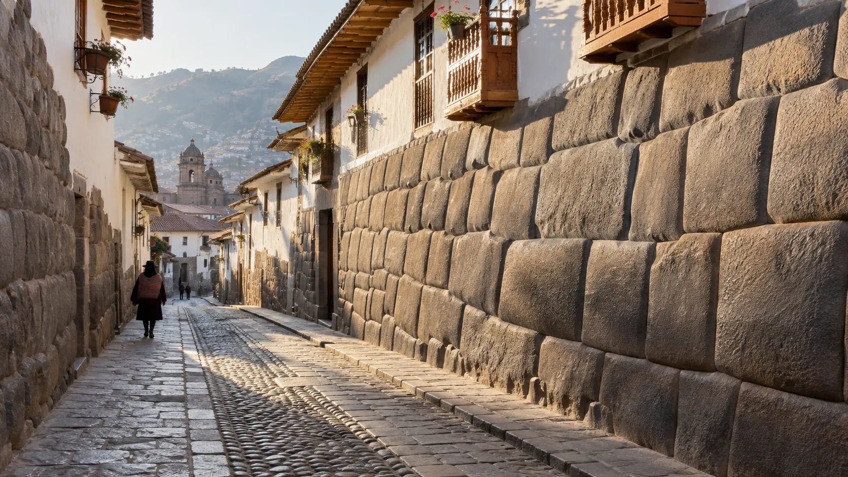 Inca stonework and colonial architecture on a quiet street in Cusco, Peru