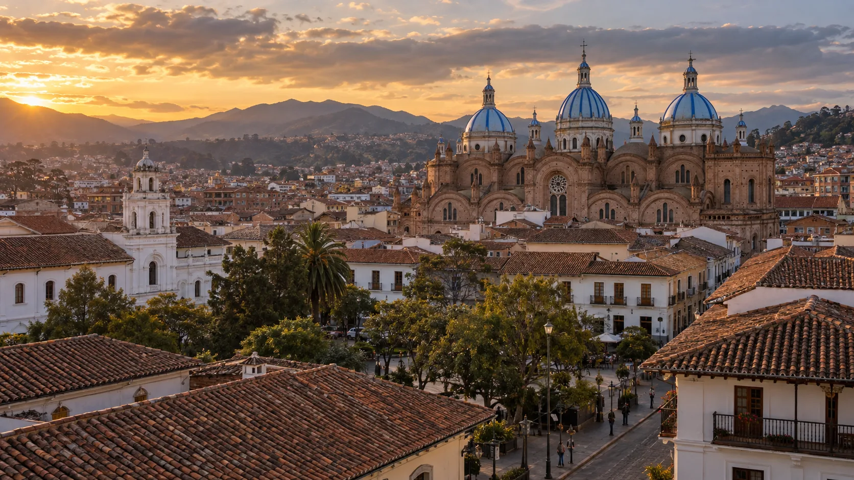 Cuenca cathedral domes and red-tiled historic center in Ecuador