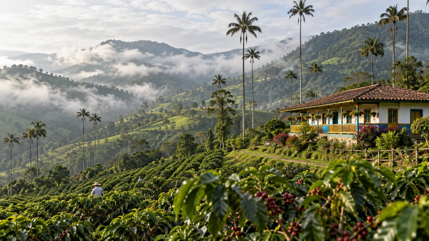 Green coffee hills and traditional farm in Colombia's Coffee Region