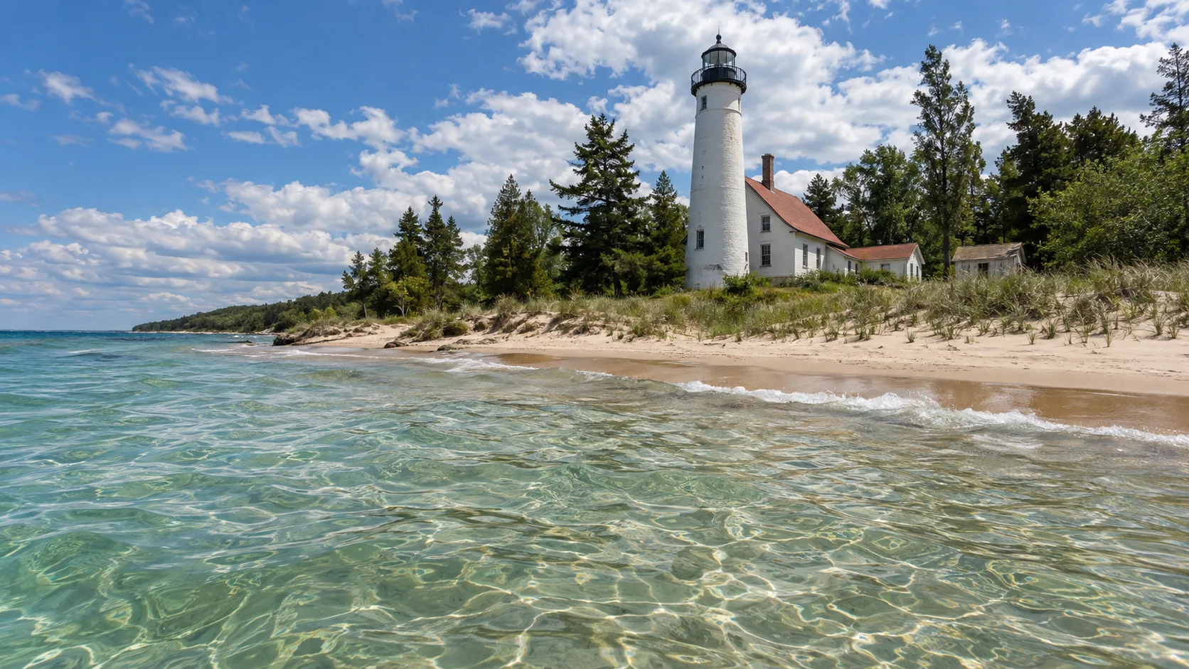 South Manitou Island Lighthouse standing above the clear blue waters and wooded shore of Lake Michigan