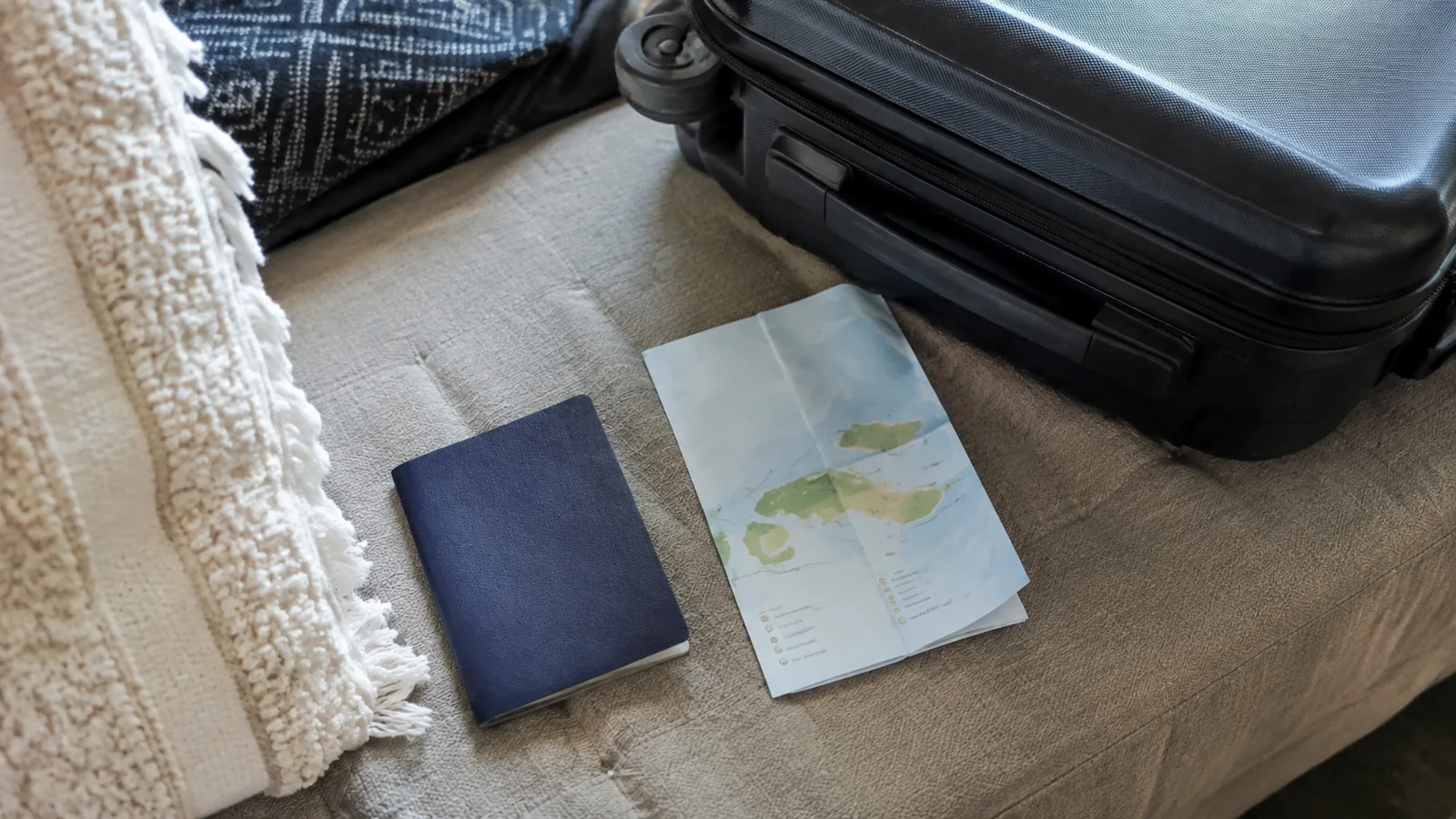 Passport and island map beside a suitcase.