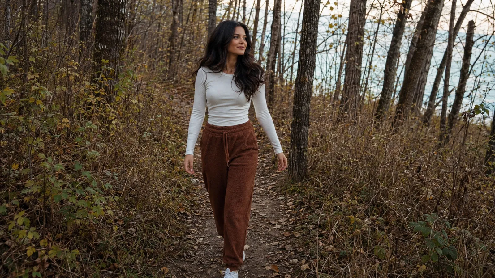 Woman walking a woodland trail among sparse autumn foliage.