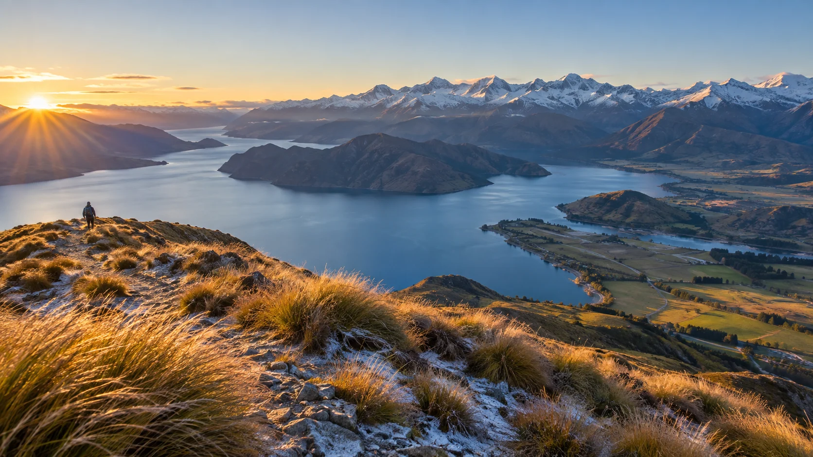 Sunrise from Roys Peak over Lake Wanaka and the snow-dusted Southern Alps