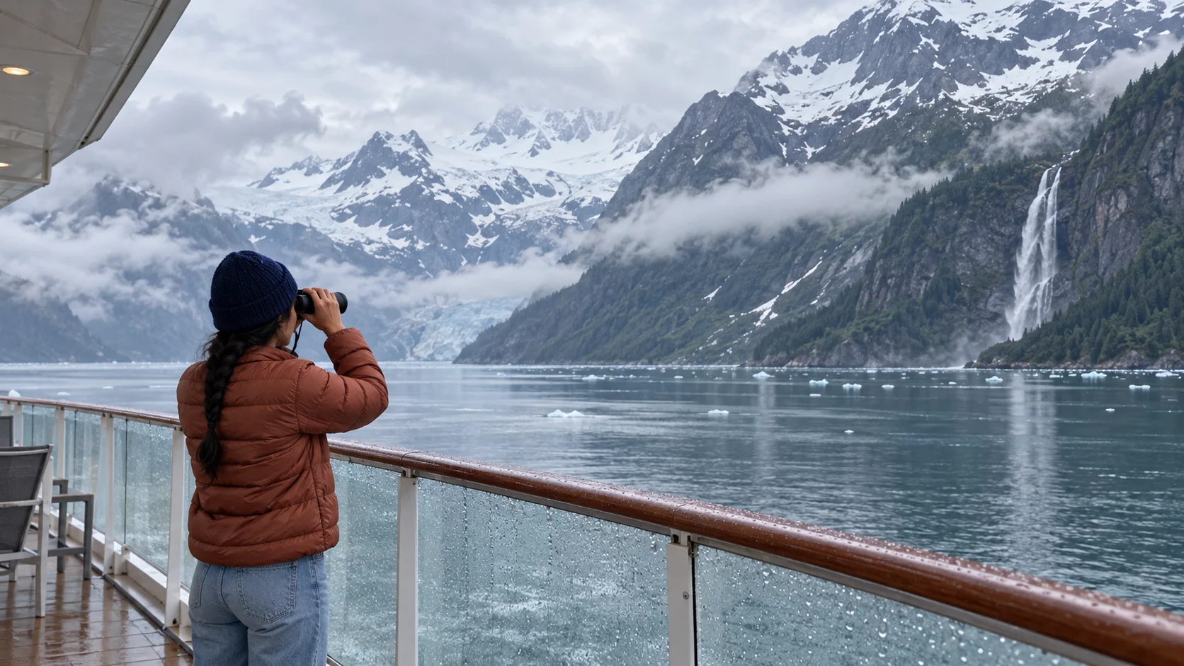 Ellie using binoculars from a cruise ship deck while sailing through an Alaskan fjord.