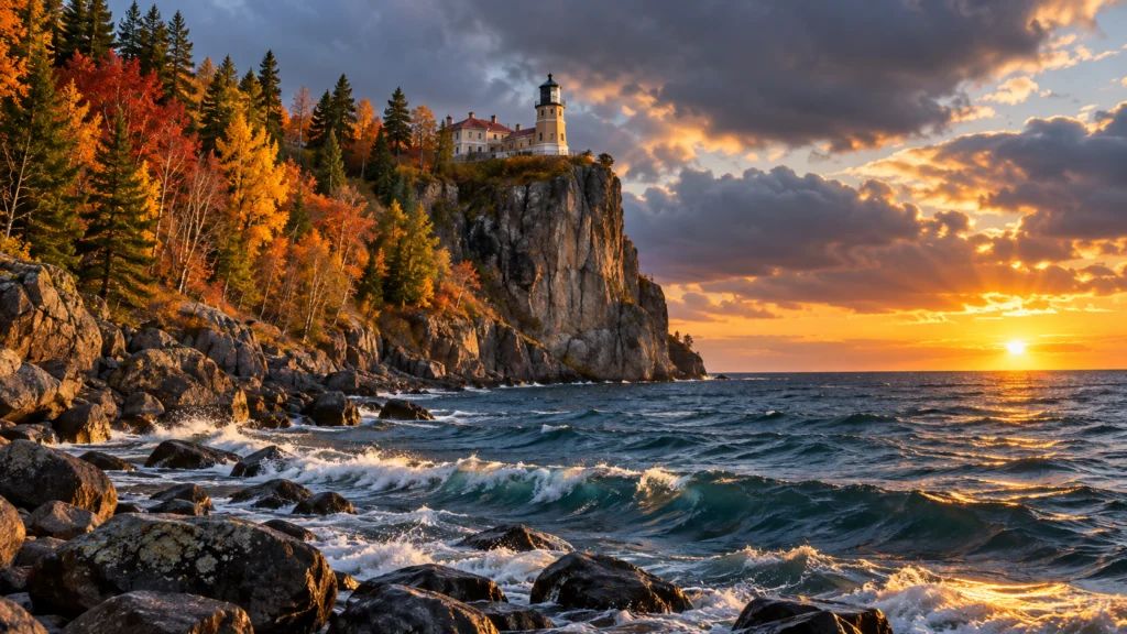 Split Rock Lighthouse rises above an autumn cliff and rough Lake Superior in Minnesota.