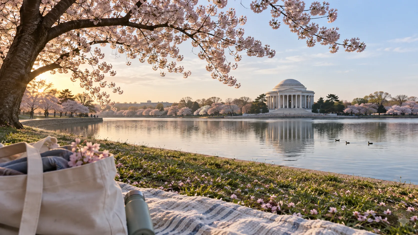Cherry blossoms framing the Jefferson Memorial in Washington, D.C.