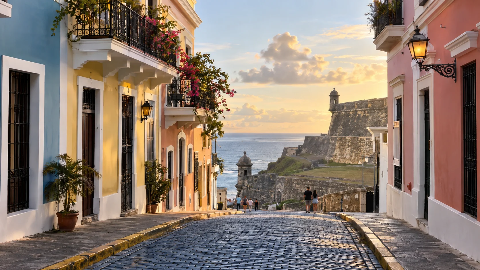 Colorful Old San Juan street leading toward the historic coastal fort