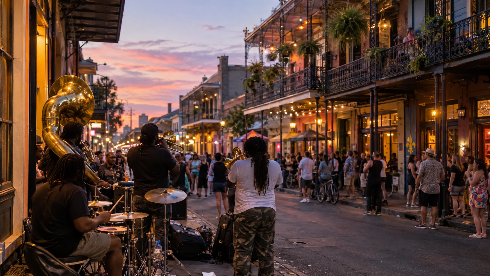 Brass musicians performing on a New Orleans street at dusk