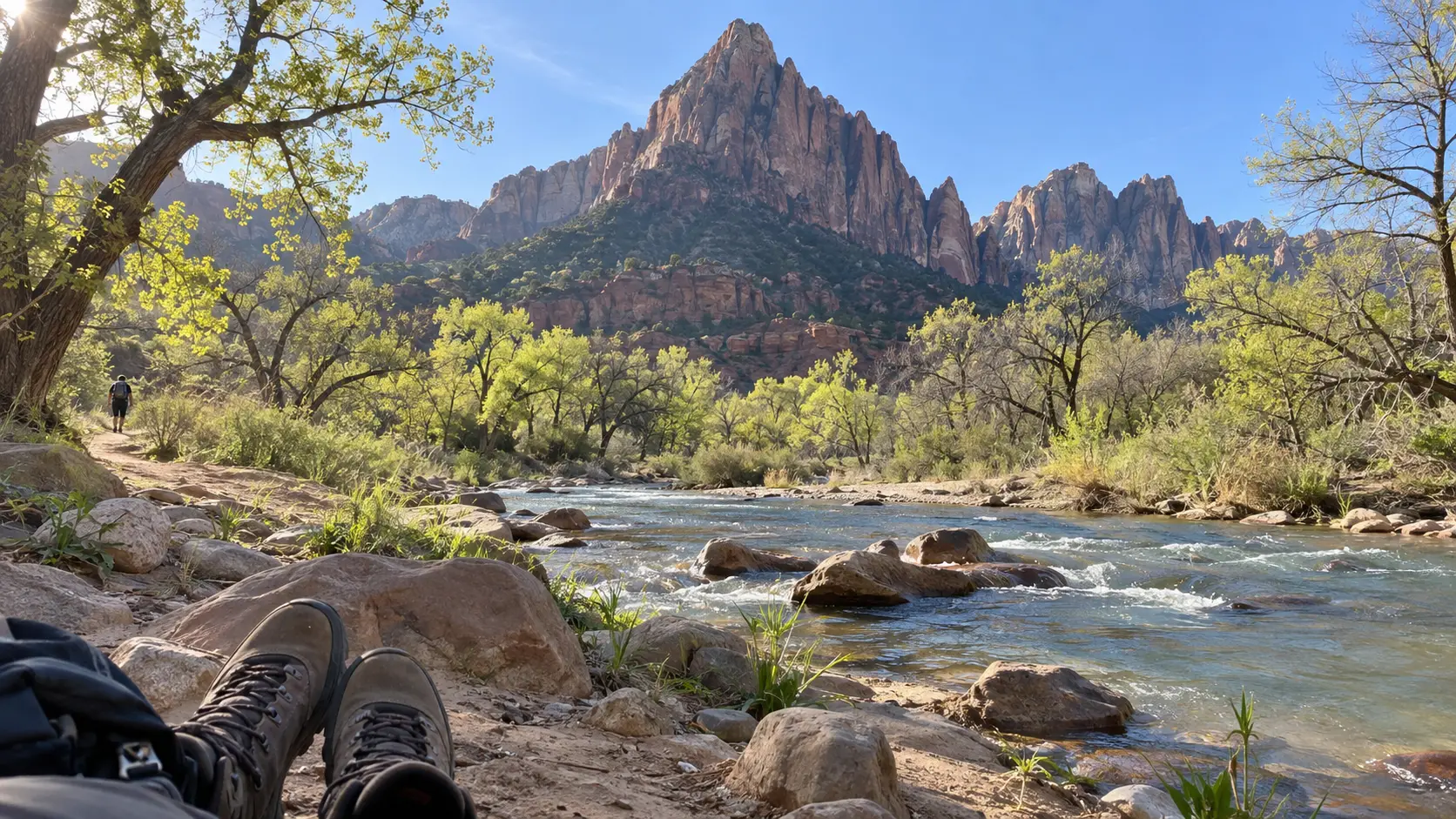 The Watchman and Virgin River in Zion National Park during spring
