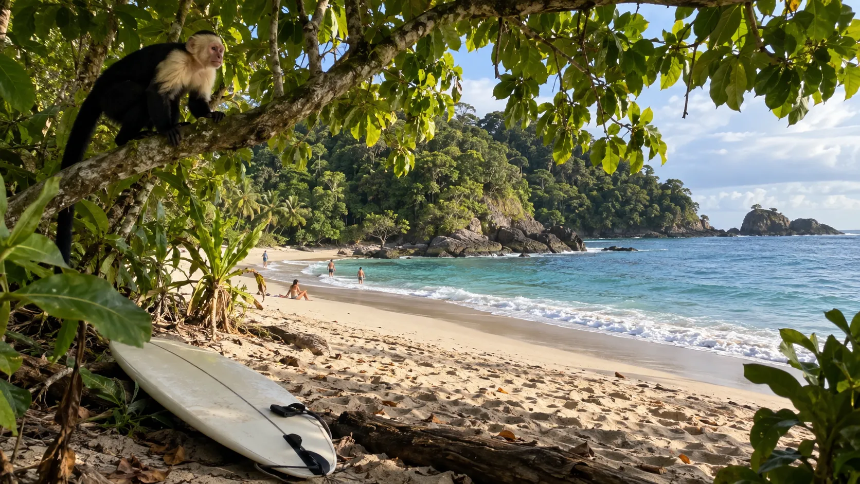 Jungle-framed Pacific beach and capuchin monkey in Costa Rica