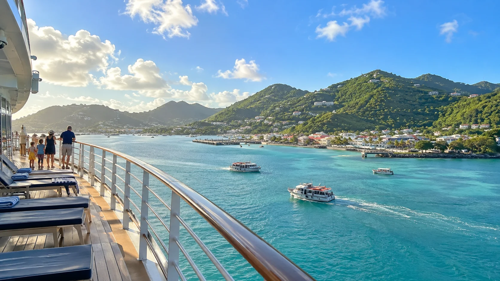 Cruise deck overlooking a turquoise Caribbean island harbor