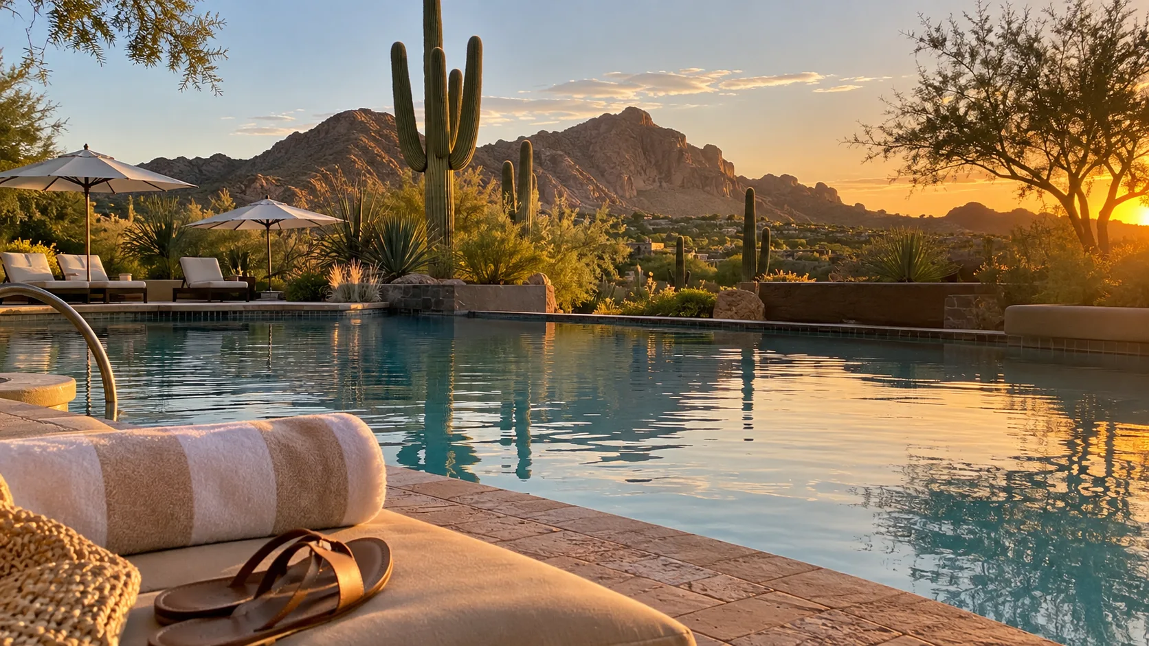 Desert resort pool, saguaros, and mountain near Scottsdale
