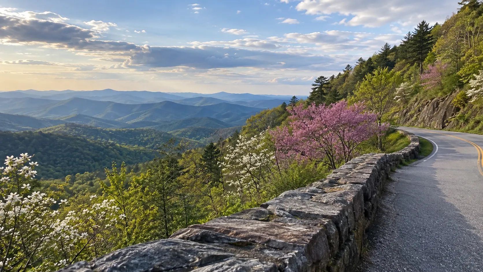 Blue Ridge Parkway curving through flowering mountains between Asheville and Roanoke.