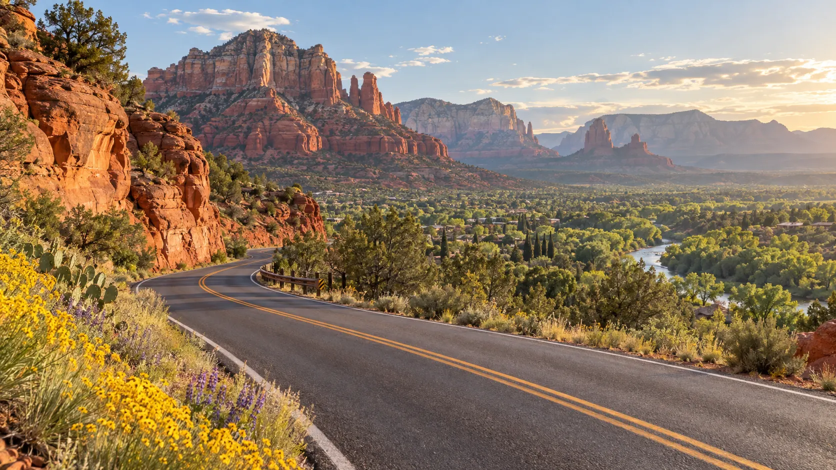 Road through Sedona red rocks and Arizona’s green Verde Valley.