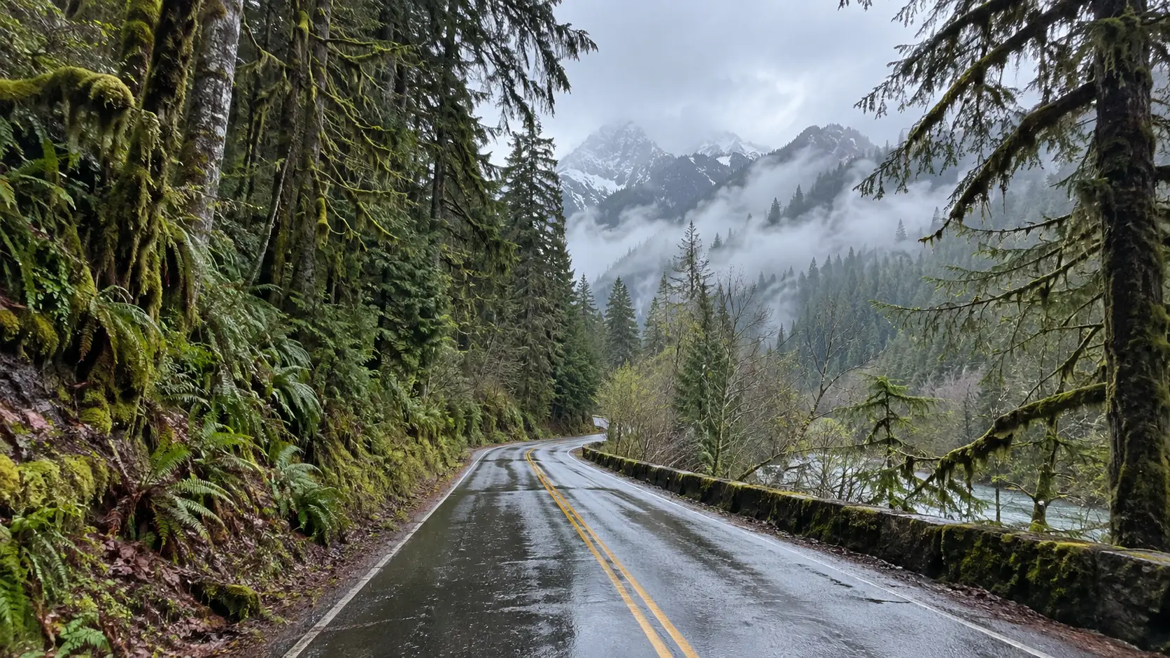 Rainforest road beneath mossy evergreens on Washington’s Olympic Peninsula.