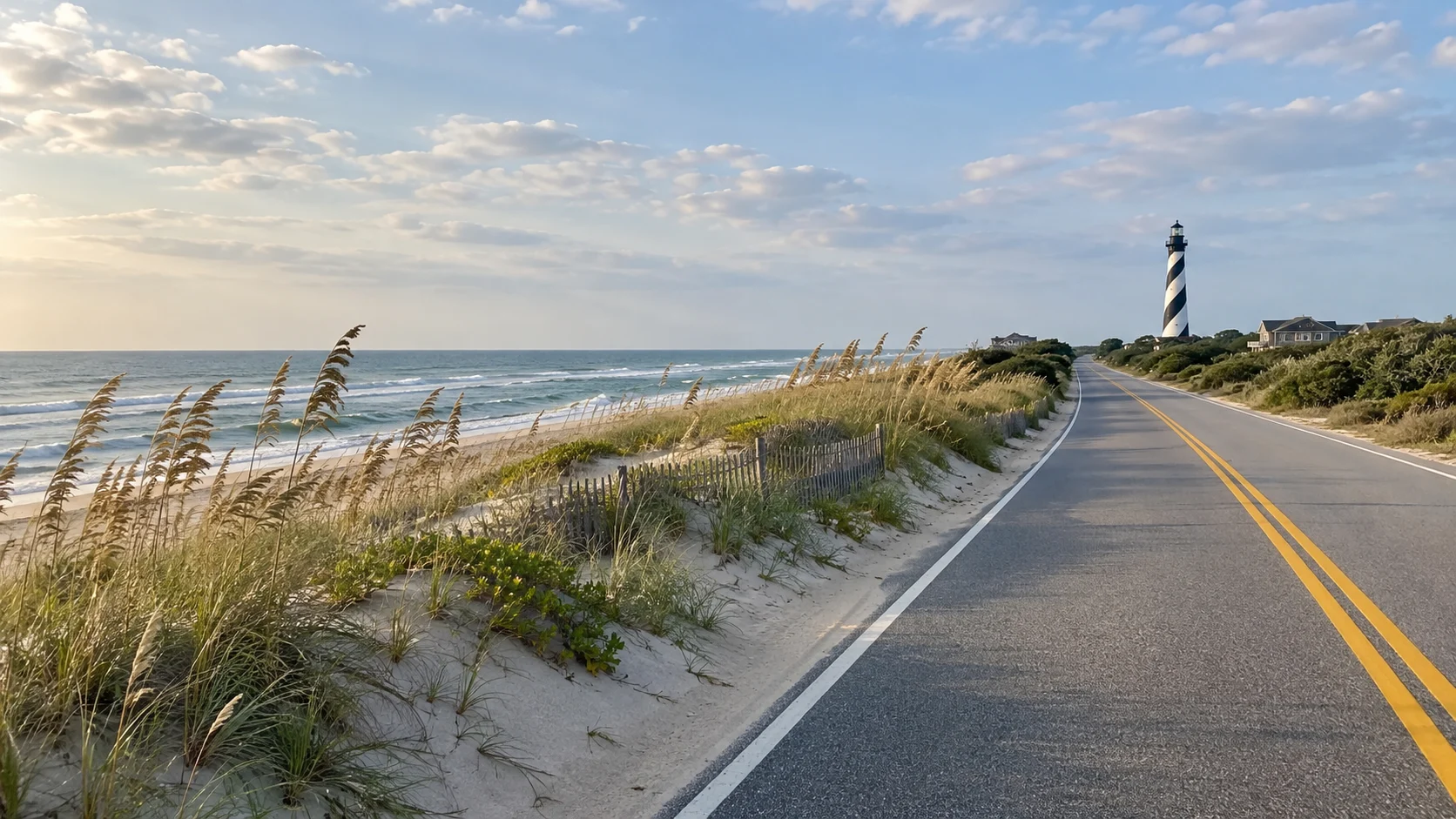 Quiet Outer Banks coastal highway beside dunes and sea oats.