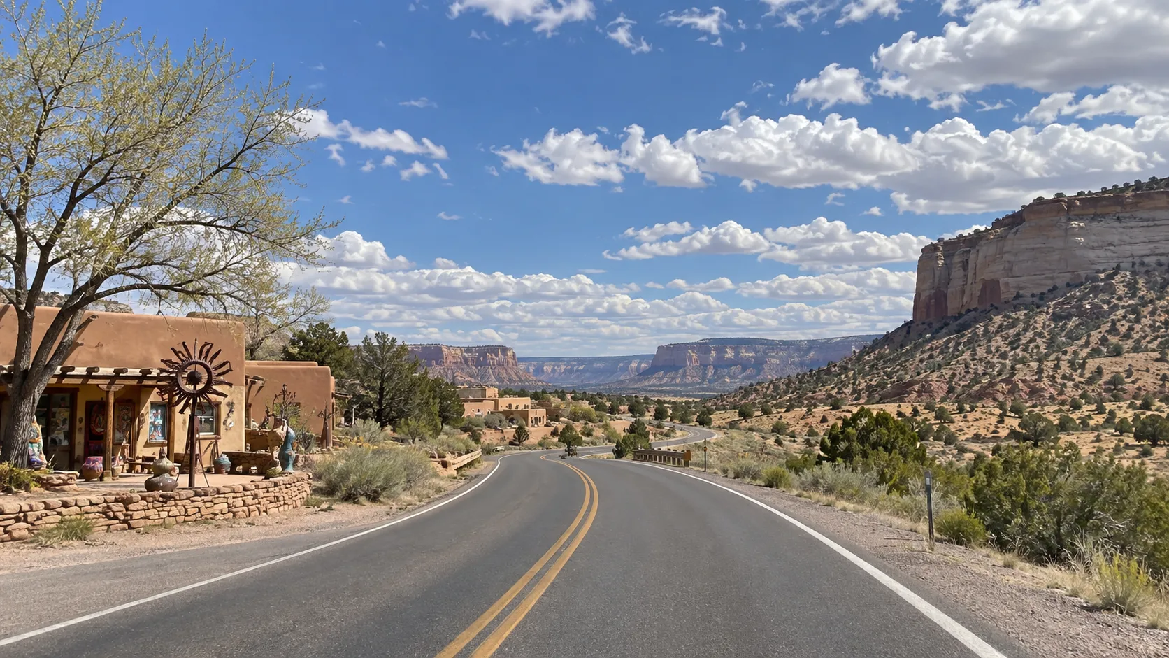 High-desert road connecting adobe towns and mesas in New Mexico.