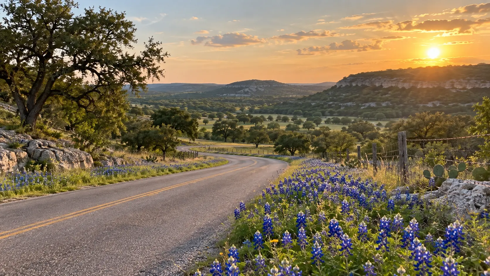 Texas Hill Country road winding through fields of spring bluebonnets.
