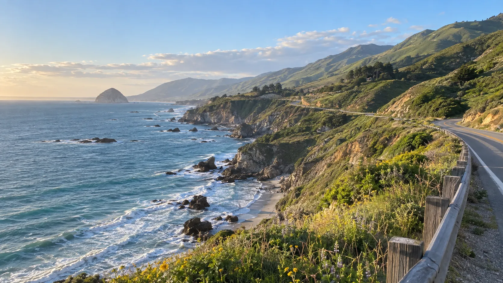California Central Coast highway above green cliffs and blue ocean.