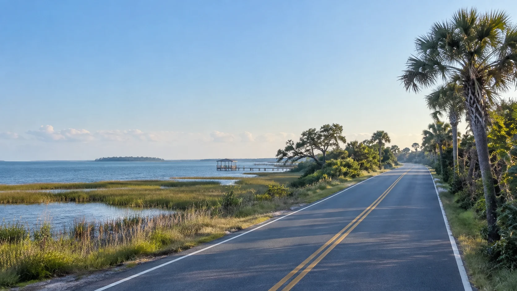 Quiet road beside marshes and Gulf water on Florida’s Forgotten Coast.
