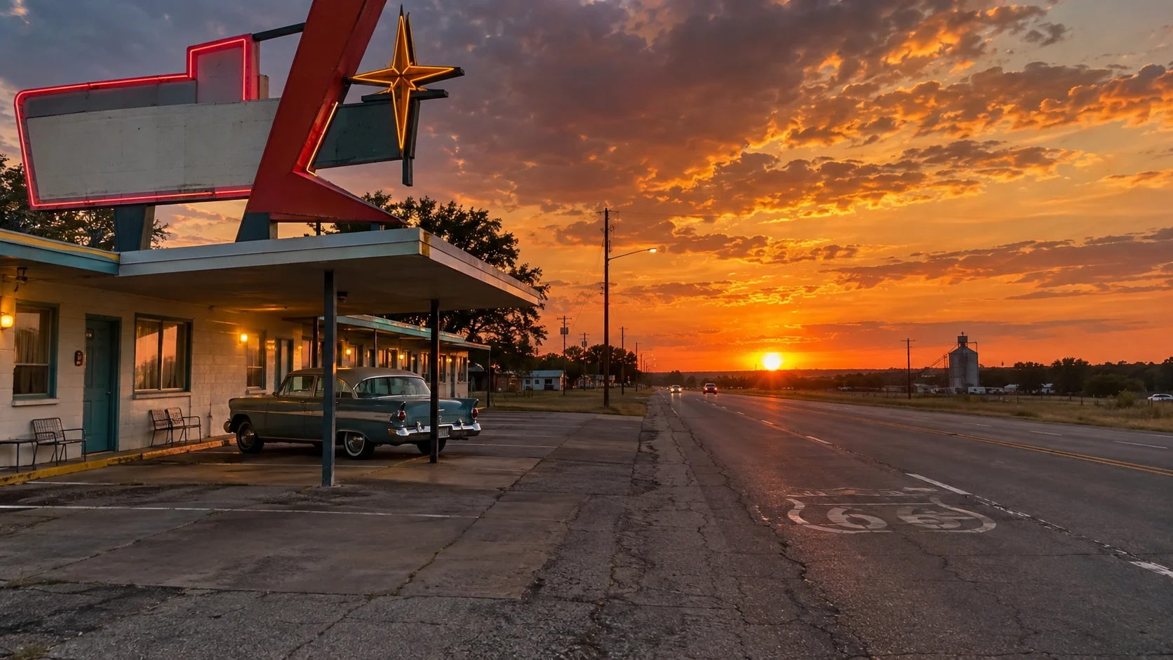 Preserved roadside motel and classic highway along an Oklahoma Route 66 segment.