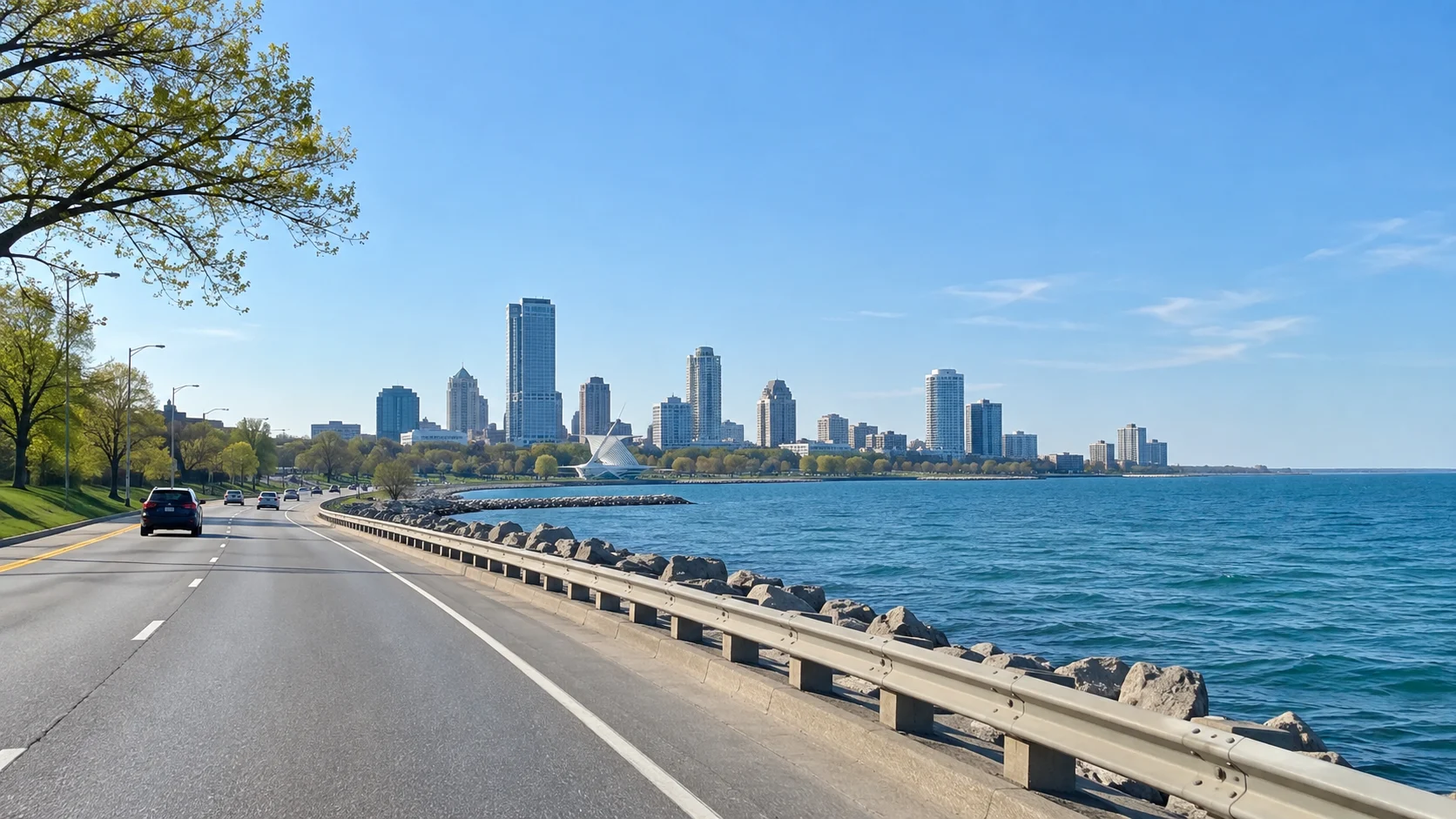 Great Lakes shoreline road with blue water and a distant city skyline.