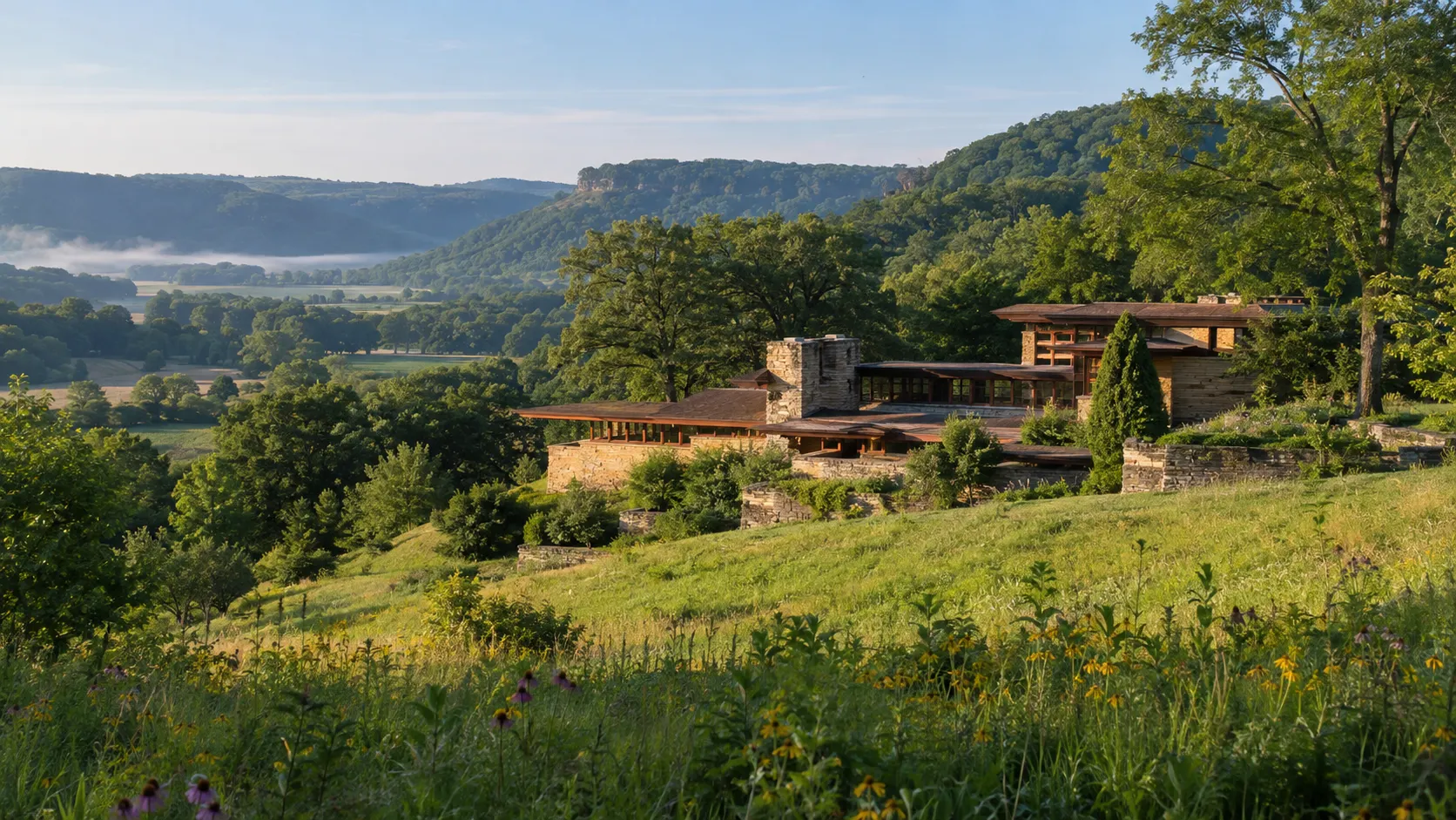 Taliesin's low limestone-and-wood architecture nestles into green Driftless hills near Spring Green.