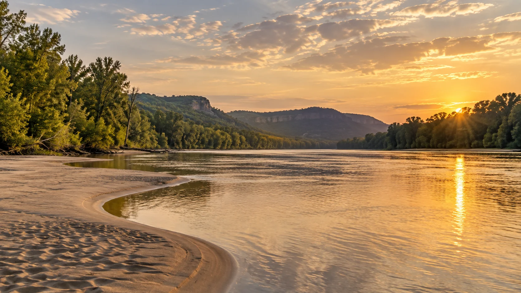 A pale sandbar curves beside the Wisconsin River and wooded Driftless bluffs at sunset.