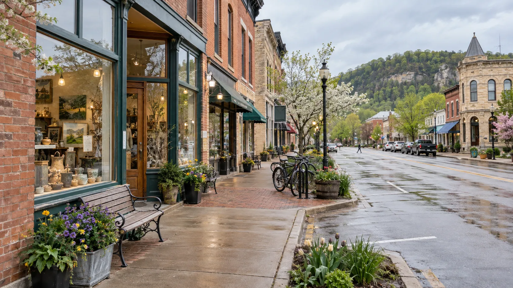 Brick storefronts, planters, and bicycles line a quiet downtown Spring Green street.