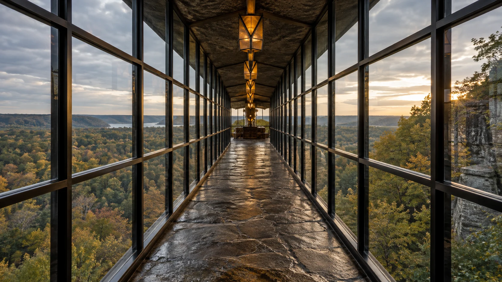 The geometric window corridor of the Infinity Room projects above wooded countryside.