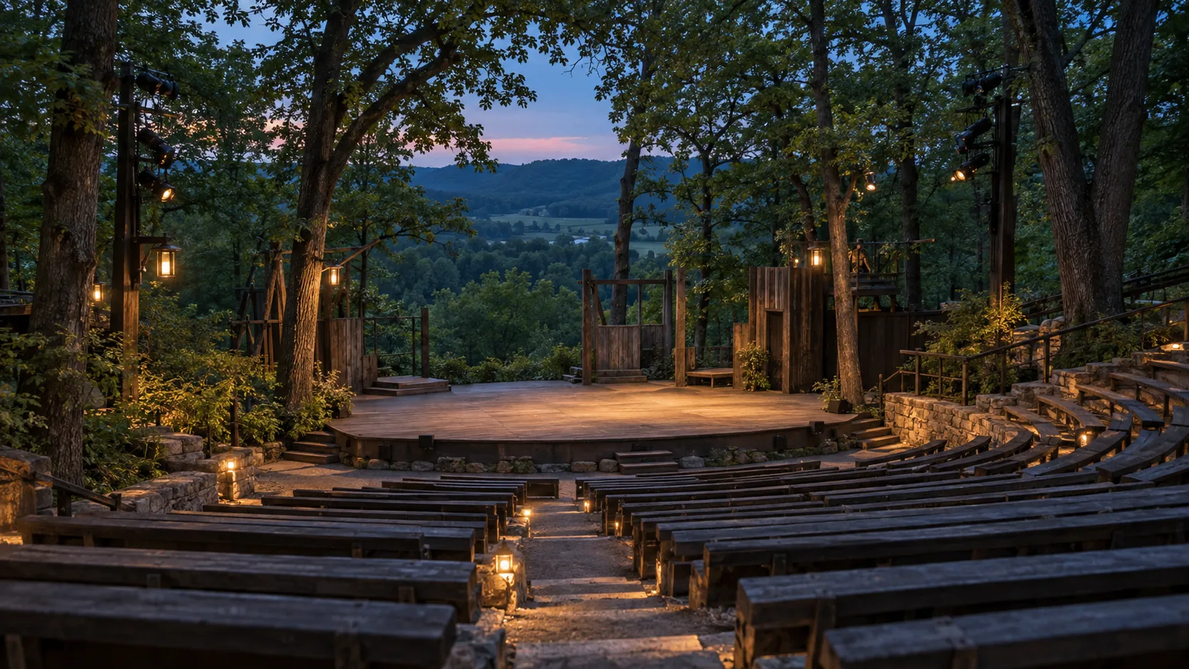 An empty woodland amphitheater near Spring Green glows softly before an evening performance.