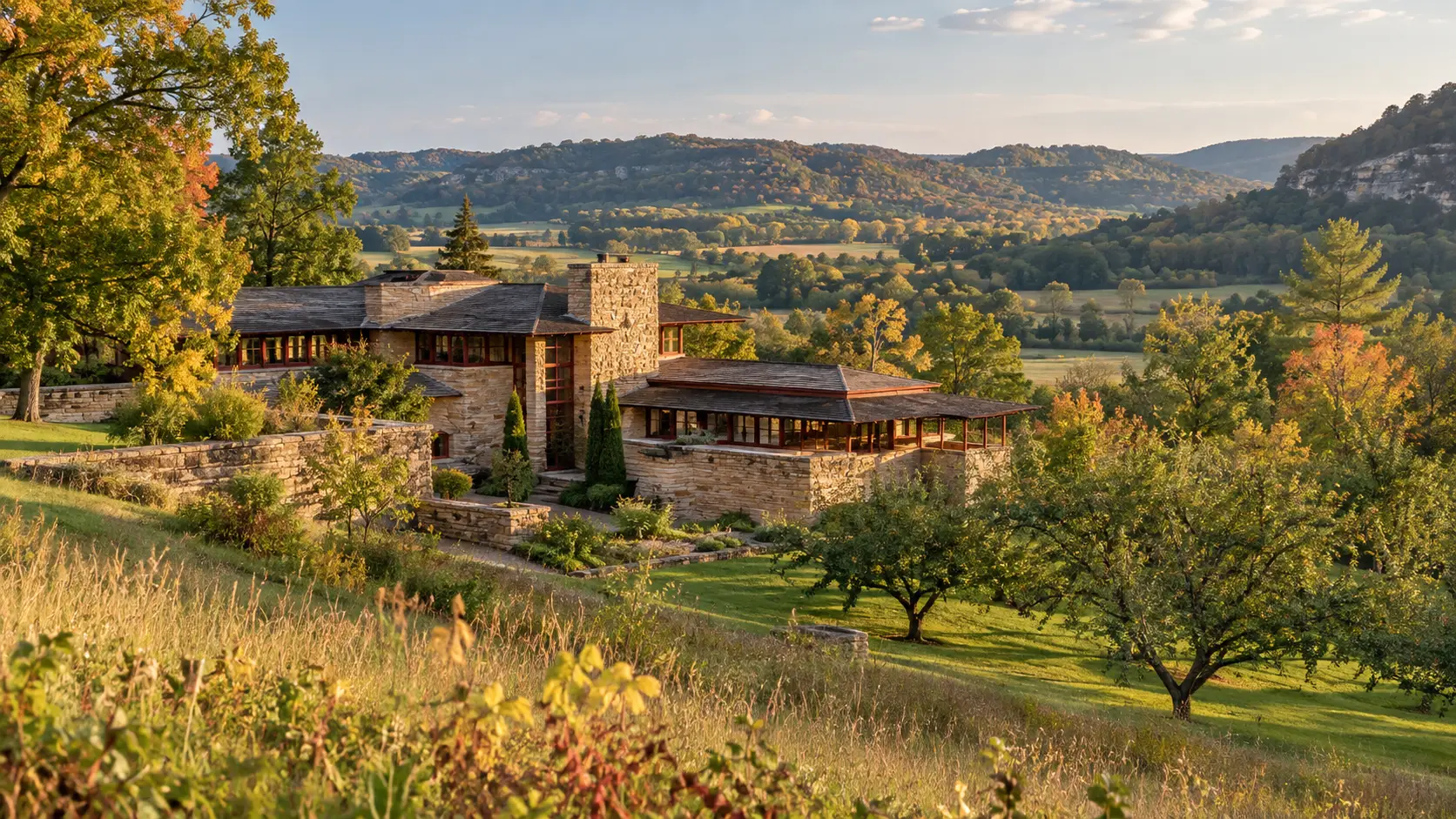 Taliesin's warm stone buildings nestle into the rolling green hills near Spring Green.