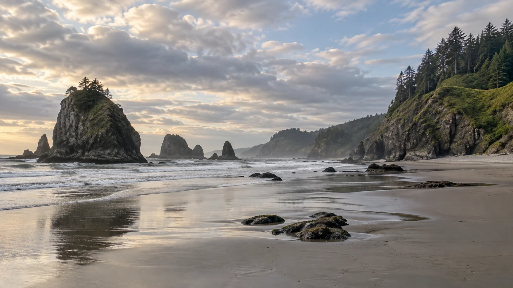 Quiet Oregon Coast beach and sea stacks beneath soft spring clouds.