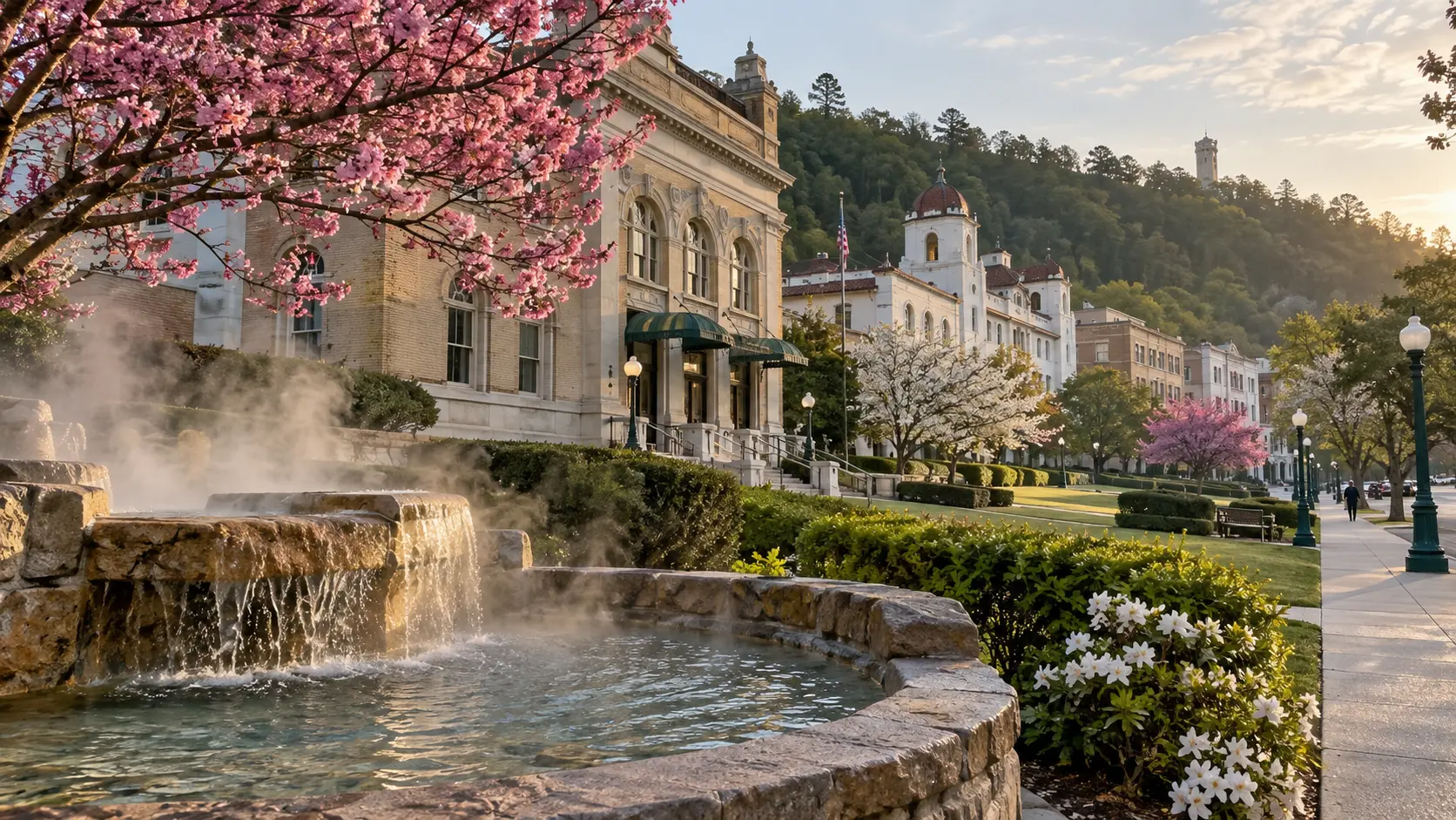 Historic Bathhouse Row with spring blossoms in Hot Springs, Arkansas.