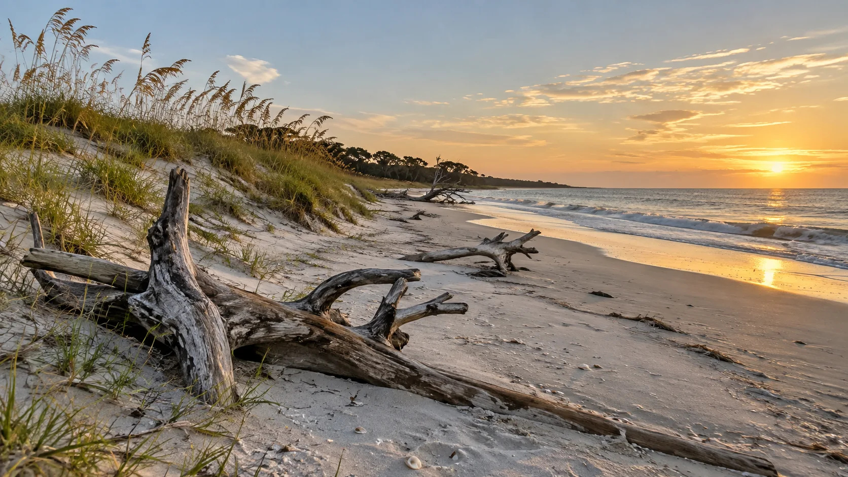 Secluded beach, dunes and driftwood on Little Saint Simons Island.