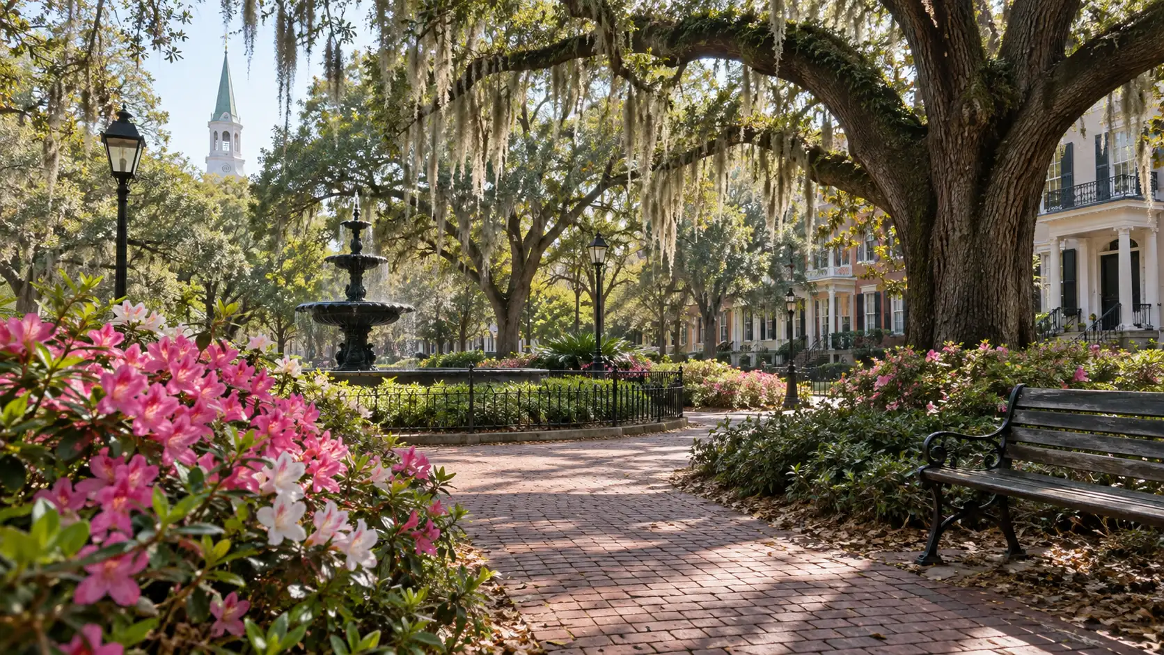 Azaleas and moss-draped live oaks in a historic Savannah square