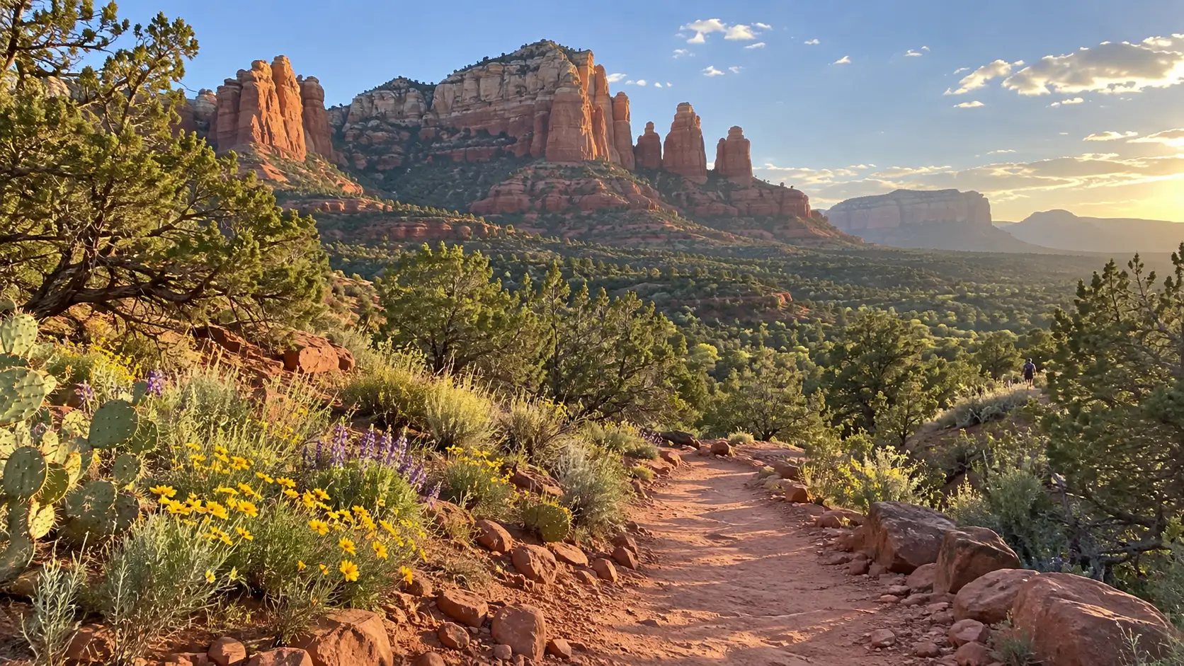 Red rock formations and a quiet desert trail in Sedona during spring.