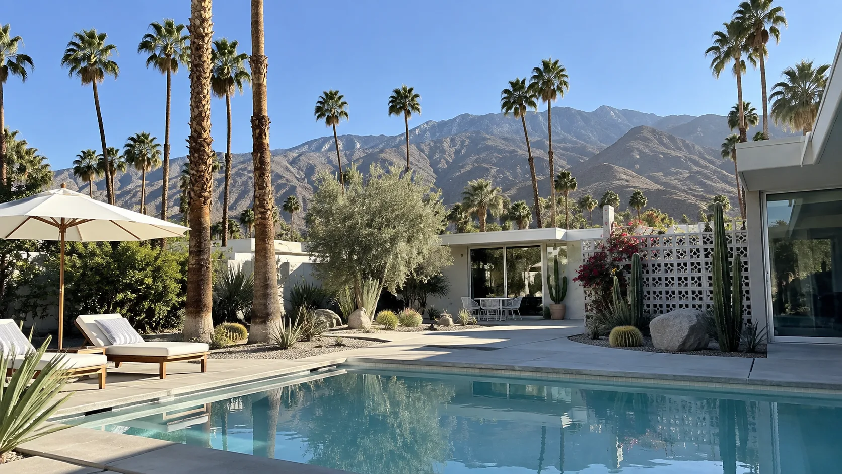 Palm-lined pool and mountain view in a calm Palm Springs courtyard.