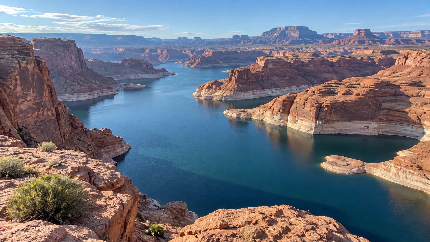 Blue Lake Powell winding between red sandstone cliffs in Glen Canyon.